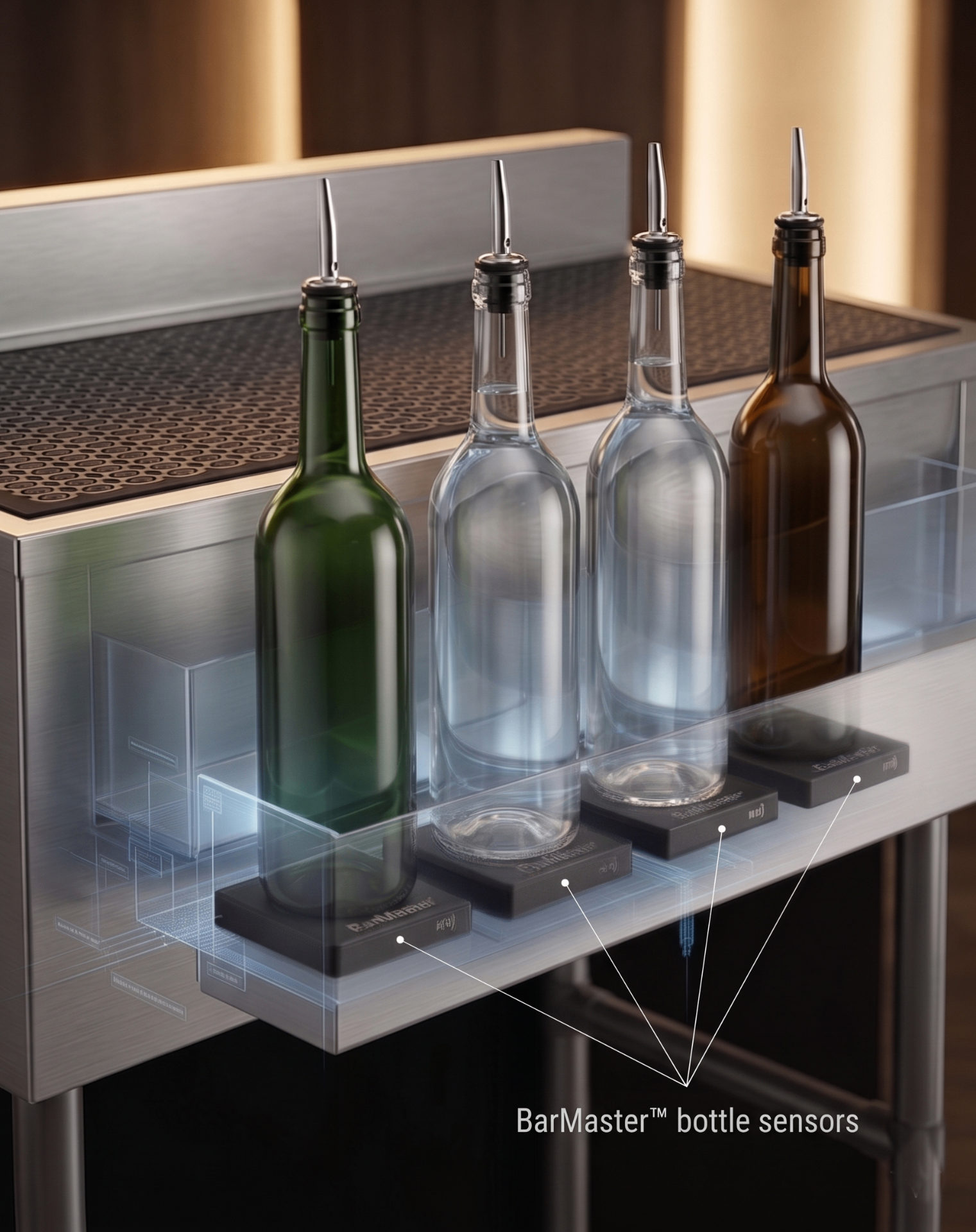 BarMaster bottle sensors weighing liquor bottles on a stainless steel speed rack