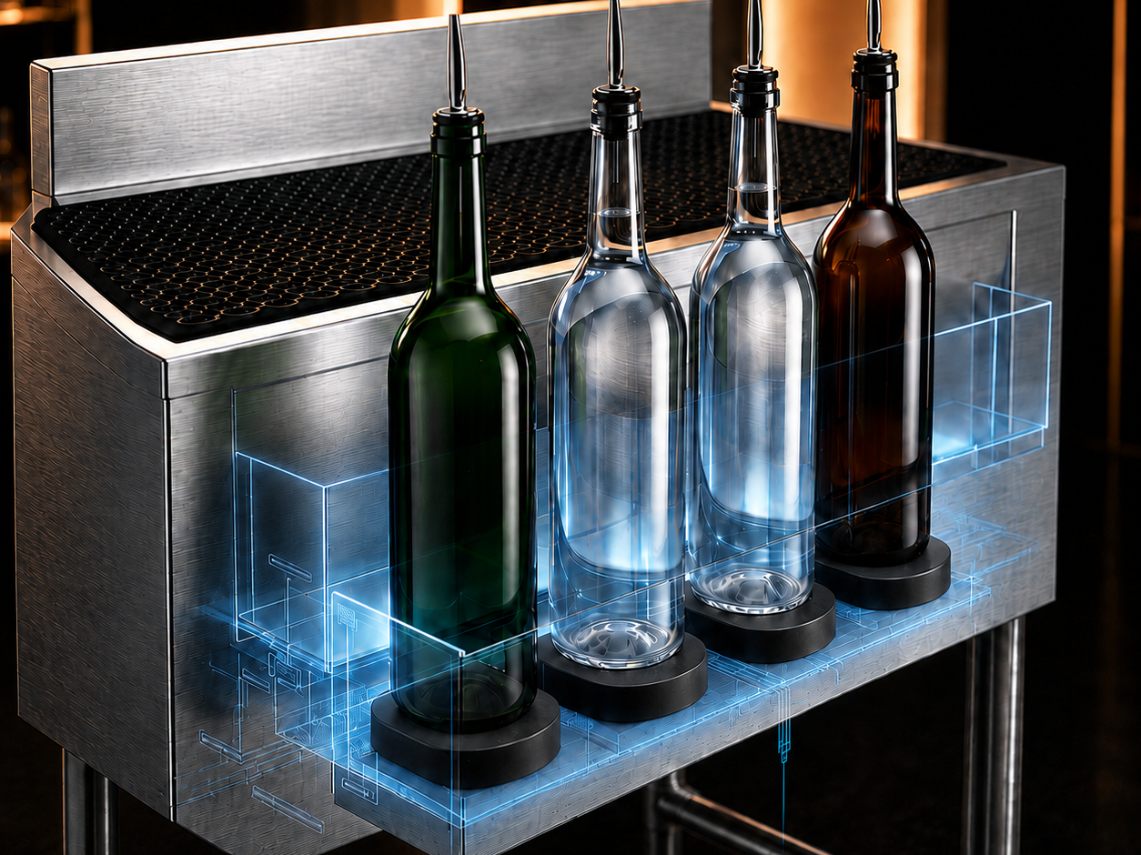 BarMaster bottle sensors weighing liquor bottles on a stainless steel speed rack