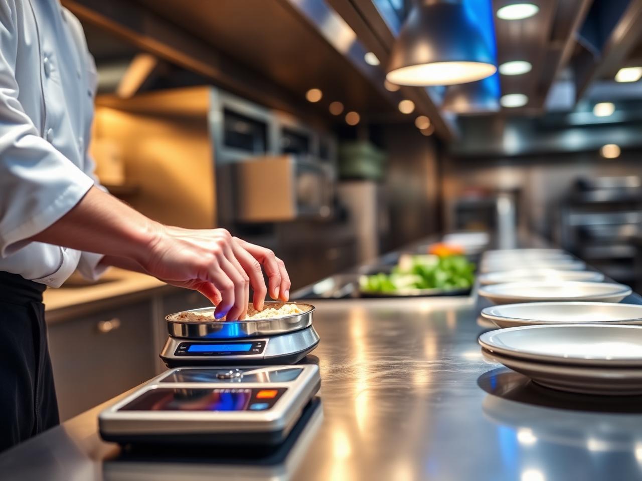 Chef weighing ingredients on a digital scale in a commercial kitchen